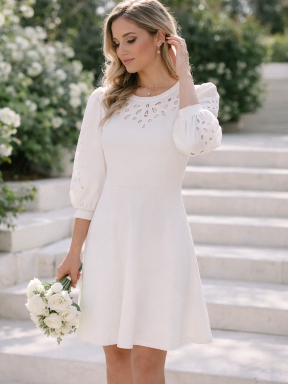 Express Size L White Eyelet Puff Sleeve Dress NWT Fit Flare Feminine Chic